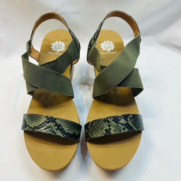 Yellow Box Olive and Snake Skin Wedge Sandals - Picture 2 of 7
